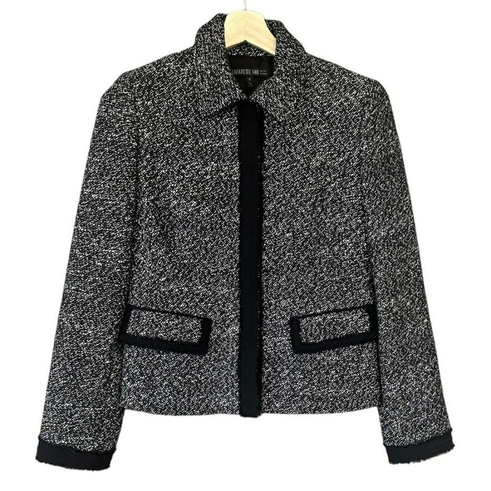 Lafayette 148 Black White Tweed Fray Edge Wool Blend Blazer Jacket Womens 6